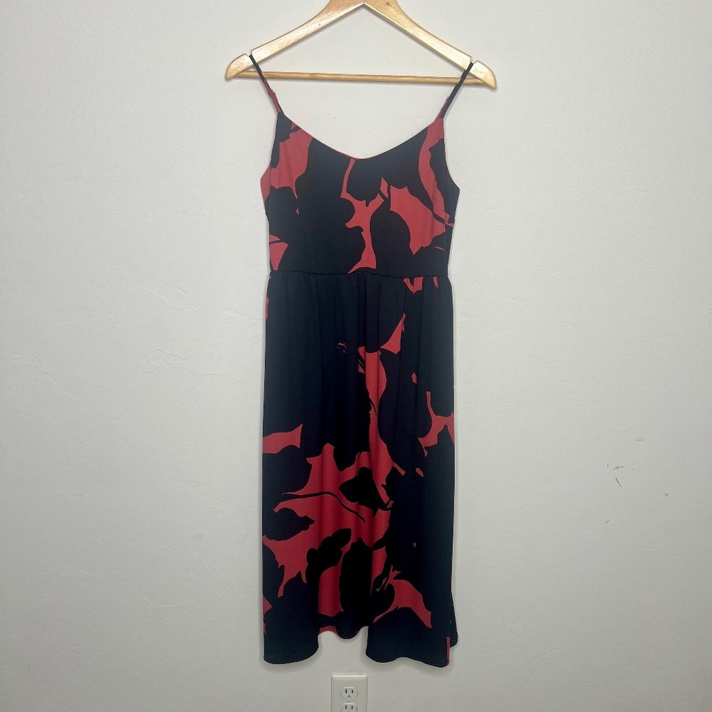 Loft Midi Dress Coral Pink and Black Floral Print Summer Dress